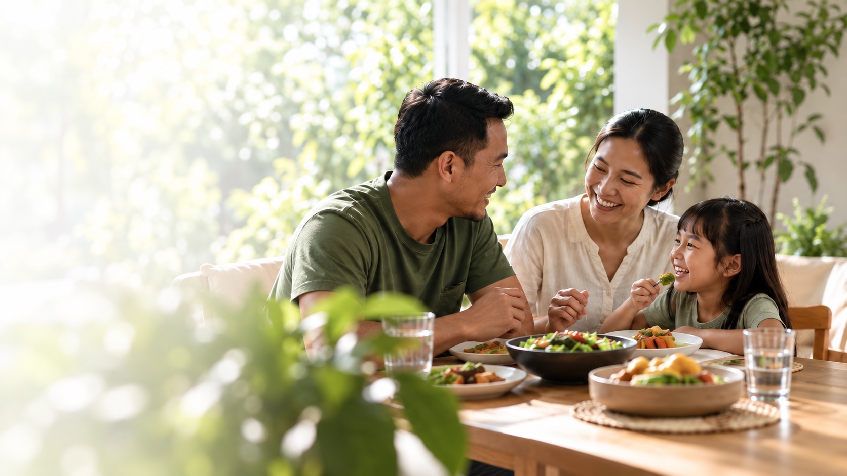 An Indonesian family enjoying a meal together in a bright home
