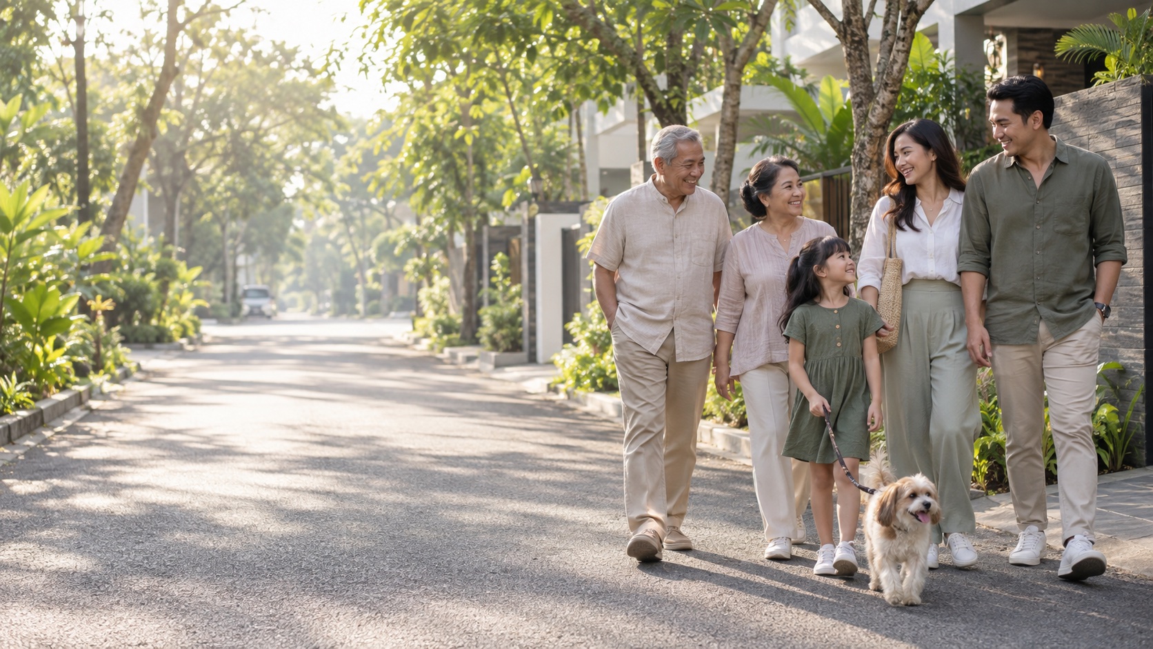A multigenerational family walking together in a leafy neighbourhood