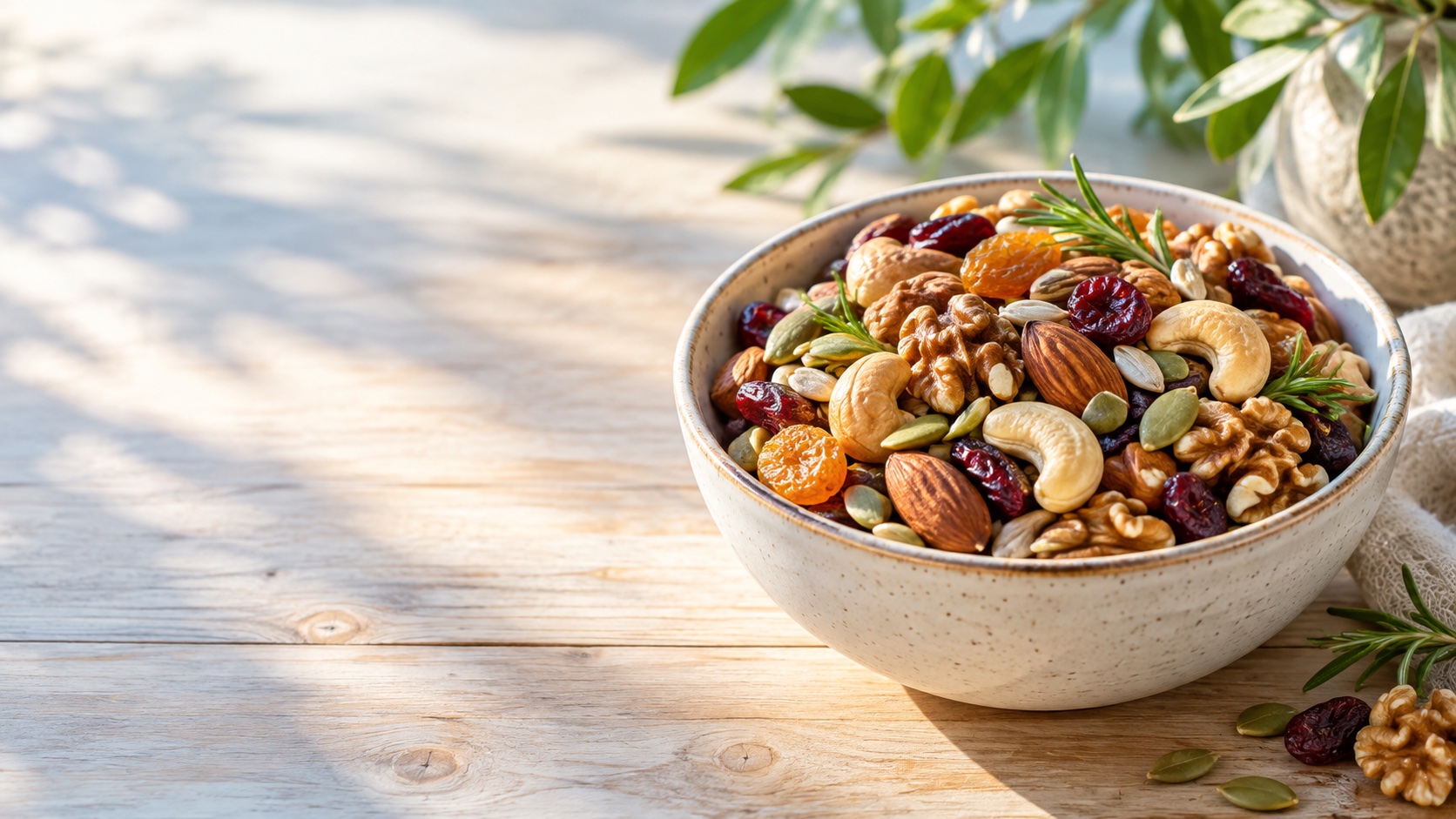 A bowl of nuts, dried fruit, and seeds
