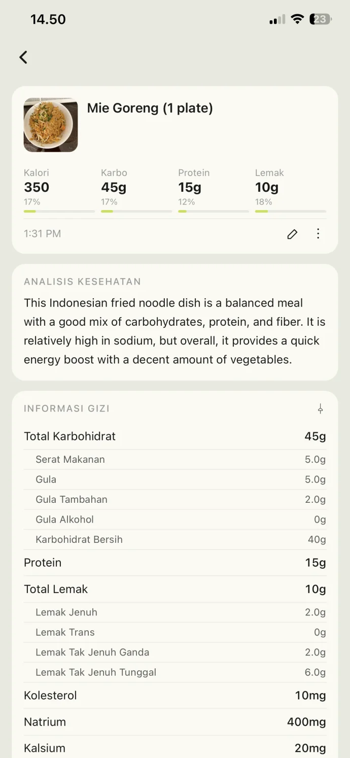 Tampilan detail nutrisi Wellnote untuk sepiring mi goreng